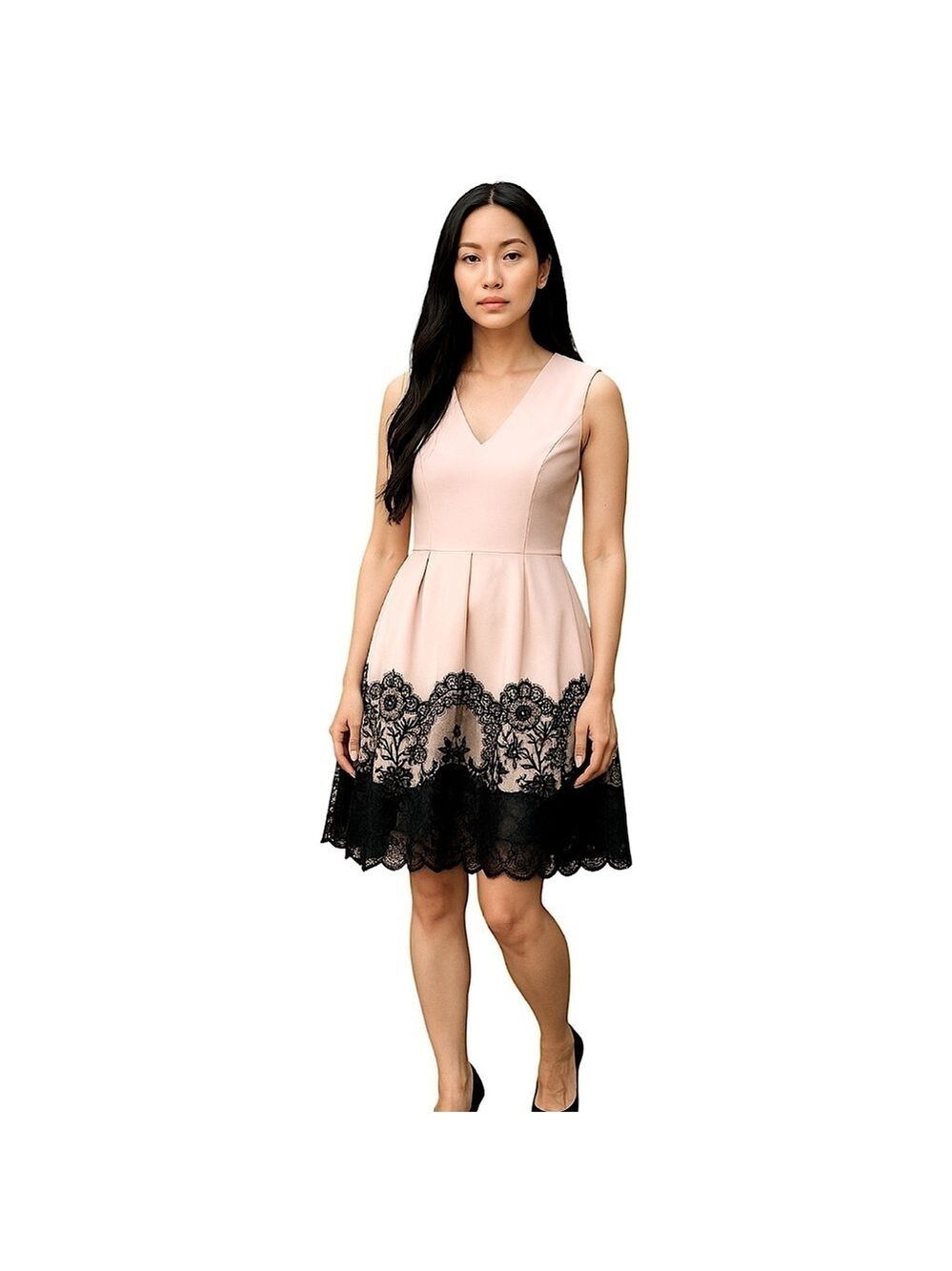 Mustard Seed Pink Lace Midi Dress Pleated Sz M A-Line V-Neck Sleeveless Feminine